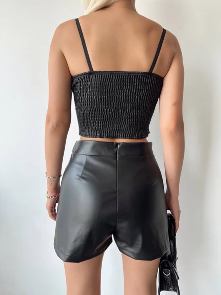 Tokalı deri şort siyah s24444 - Resim 5