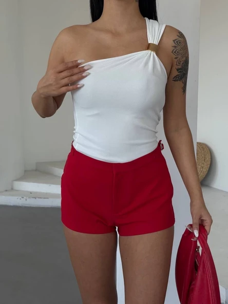 Tek omuzlu Otoman kumaş gold metal detaylı bluz s2311 ürün görseli 1