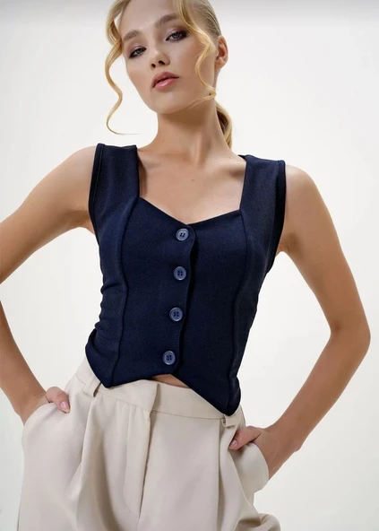 Krep kumaş düğmeli yelek lacivert s3395 ürün görseli 1