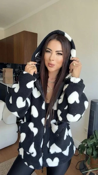 Kalpli peluş ceket içi astarlı siyahbeyaz - Resim 2