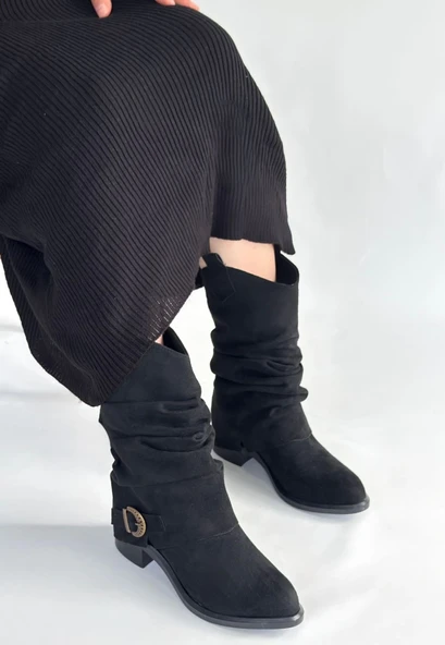 Canty Siyah Süet Körüklü Topuklu Çizme - Resim 3