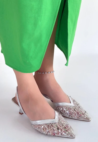 Toyi Gümüş Saten Topuklu Ayakkabı ürün görseli 1