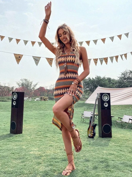 Kadın çok Renkli Yırtmaçlı Dizde Süprem Elbise - Resim 6