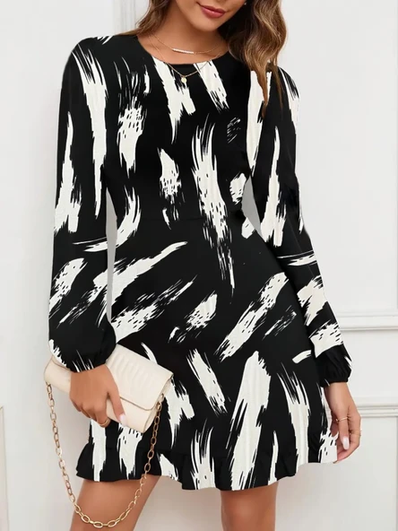 Kadın Uzun Kollu Bisiklet Yaka Desenli Kısa Krep Elbise - Resim 3