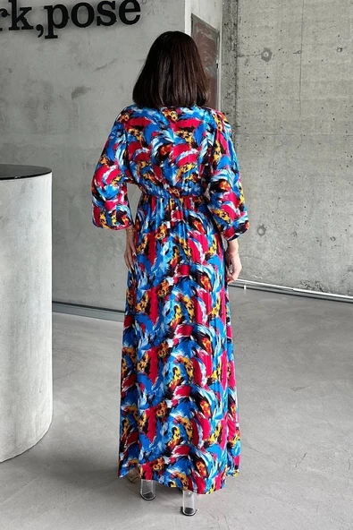 Dokuma baskılı yarasa kol elbise s8124 - Resim 2