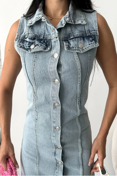 Sıfır kol kar yıkama tunik ceket mavi d2520 - Resim 5