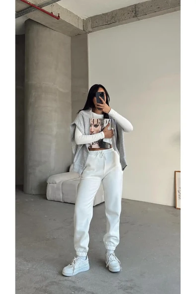 3 iplik şardonlu paça lastikli eşofman beyaz is001 - Resim 2