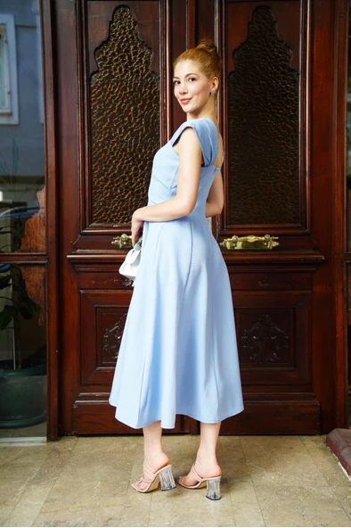 U yaka prenses elbise mavi s255101 - Resim 4