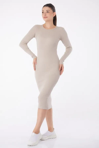 Düz Bisiklet Yaka Kadın Midi Elbise - Resim 5