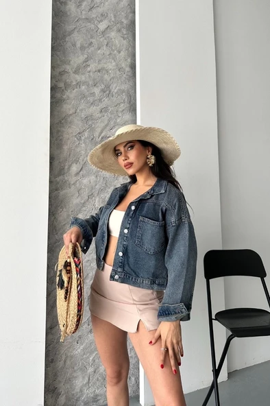 Çift cepli kol katlamalı kar yıkama crop kot ceket kahve tint d2000 - Resim 3