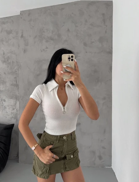 kaşkorse yaka fermuarlı bluz beyaz - Resim 6