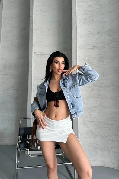 Çift cepli kol katlamalı kar yıkama crop kot ceket buz mavi d2000 - Resim 2