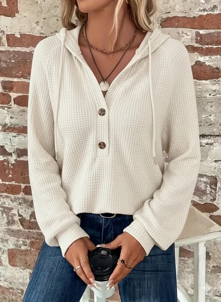 Kadın Uzun Kollu Kapşonlu önü Düğmeli Ve Bağcıklı Waffle Bluz ürün görseli 1