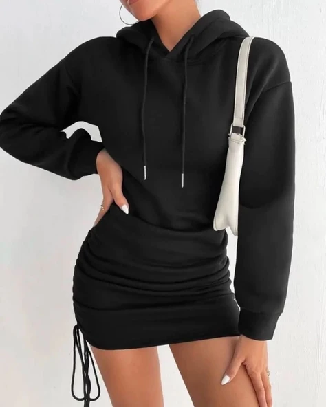 3 iplik şardonlu kapşonlu elbise siyah - Resim 2