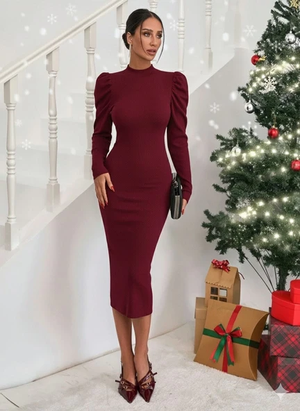 Prenses kol kaşkorse elbise bordo a3691 ürün görseli 1