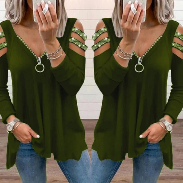 Kadın Haki Kolları Taş Işlemeli Uzun Kol Fermuarlı Viskon Bluz - Resim 3