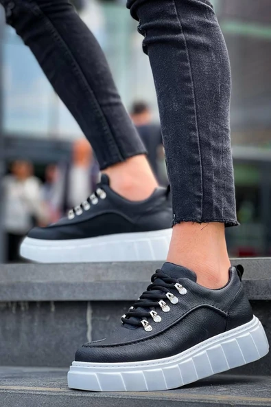 KB-X10 Kuback Siyah Cilt  Beyaz Yüksek Taban Günlük Spor Ayakkabı - Resim 4