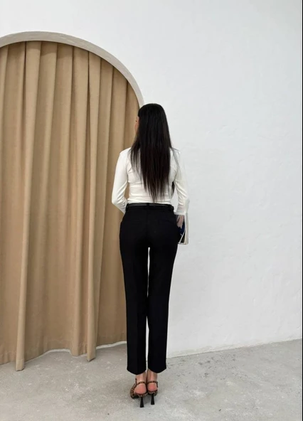 Kadın Yüksek Bel Dar Paça Kemer Dahil Kumaş Pantolon - Resim 6