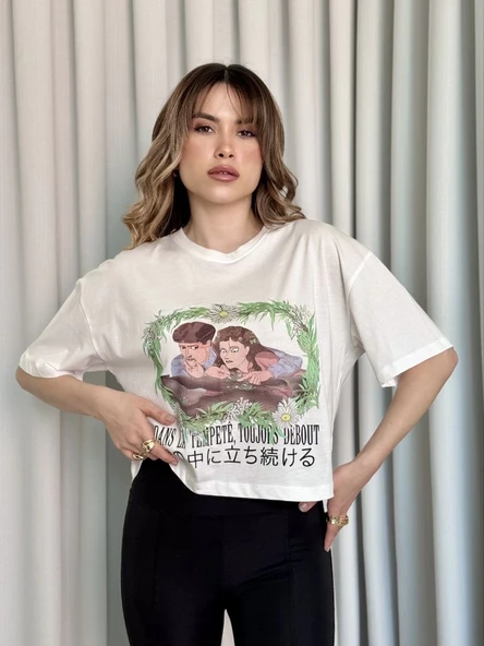 Oversize Beyaz baskılı crop tişört - Resim 3