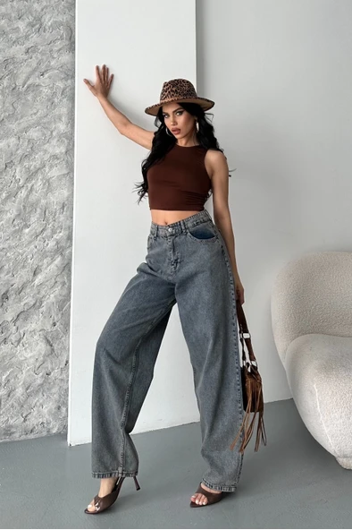 Baggy kar yıkama eskitme kahve jeans pantolon d2007 - Resim 5