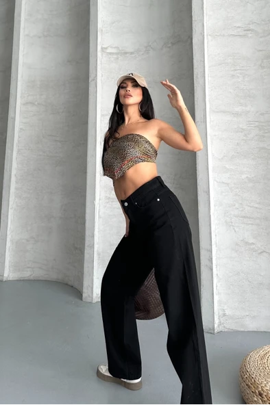 Palazzo straight enzim süper taş yıkama jeans pantolon siyah d2008 - Resim 3