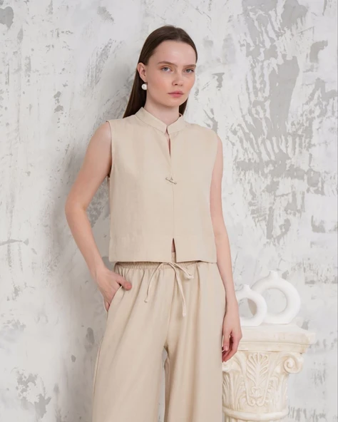 Broşlu yelek pantolon takım bej s255821 - Resim 2