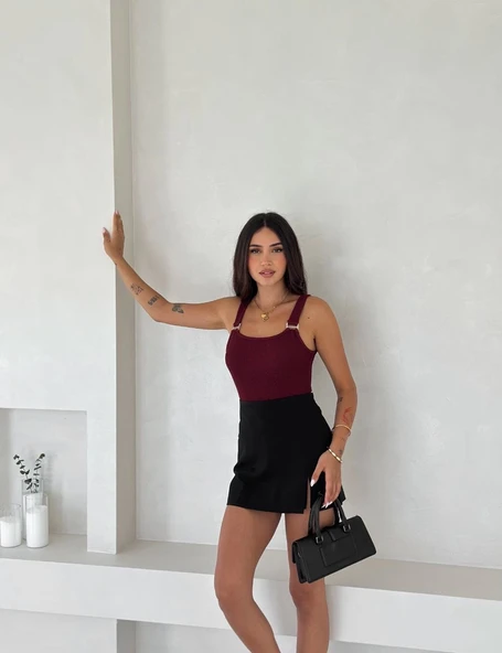 Ottoman toka askılı bluz bordo s4194 - Resim 3