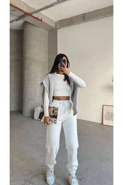 3 iplik şardonlu paça lastikli eşofman beyaz is001 - Resim 5