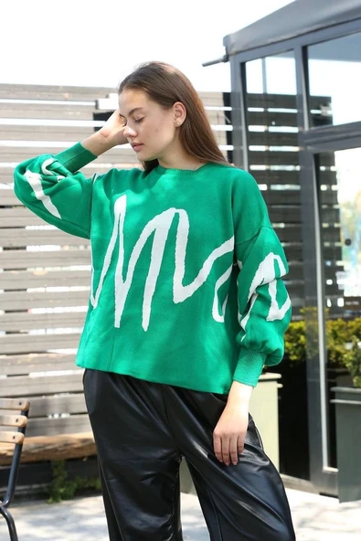 Beyaz çizgili bisiklet yaka kazak yeşil ürün görseli 1