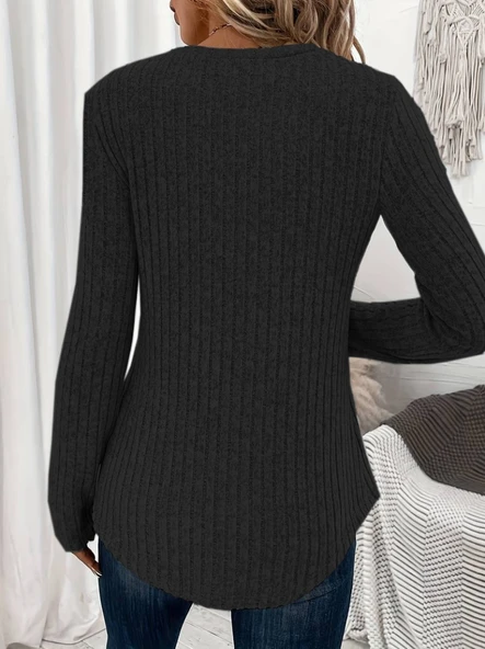 Kadın Uzun Kollu V Yakalı Düğmeli şardonlu Kaşkorse Bluz - Resim 2