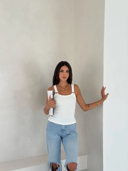 Ottoman toka askılı bluz beyaz s4194 - Resim 2