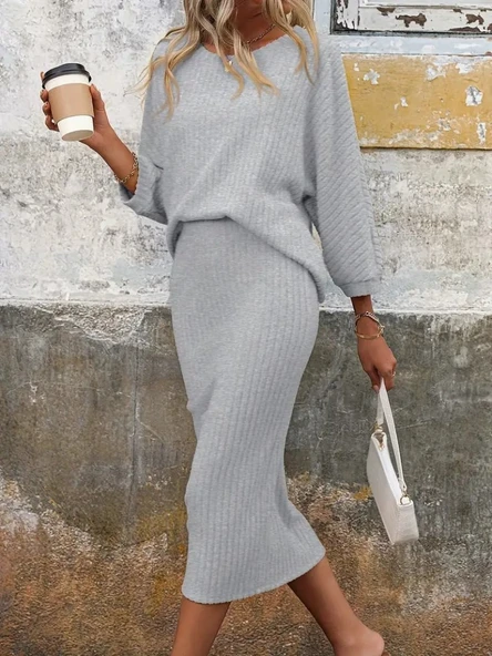 Kadın Uzun Kollu Yuvarlak Yakalı şardonlu Kaşkorse Bluz Ve Etek Ikili Takım ürün görseli 1