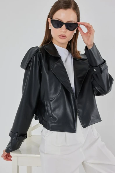 Oversize Deri Mont Ceket 1047 - Siyah - Resim 4