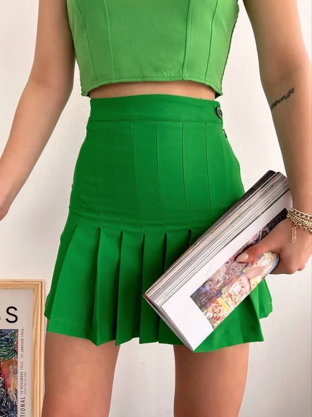 Pileli düğmeli etek açık yeşil s24811 - Resim 4