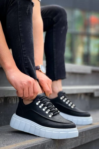 KB-X10 Kuback Siyah Cilt  Beyaz Yüksek Taban Günlük Spor Ayakkabı ürün görseli 1