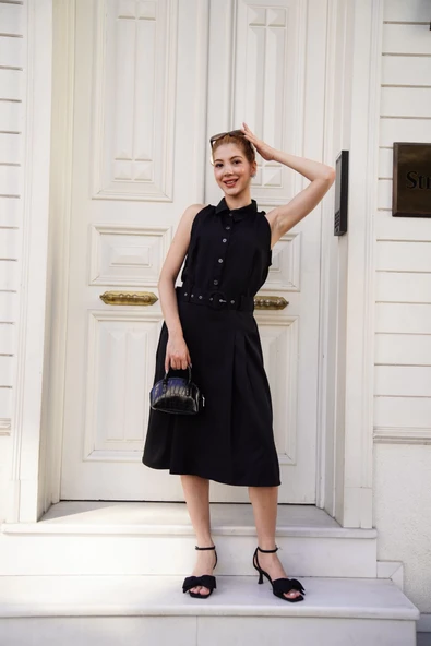 Gömlek yaka kemerli elbise siyah s255061 - Resim 8