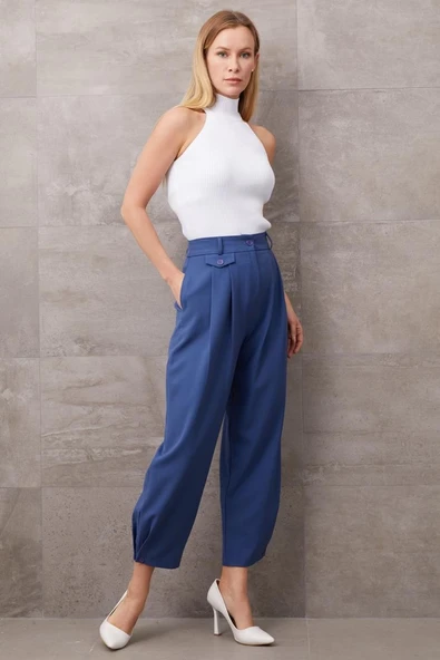 Paçası Düğmeli Yüksek Bel Pantolon - Resim 6