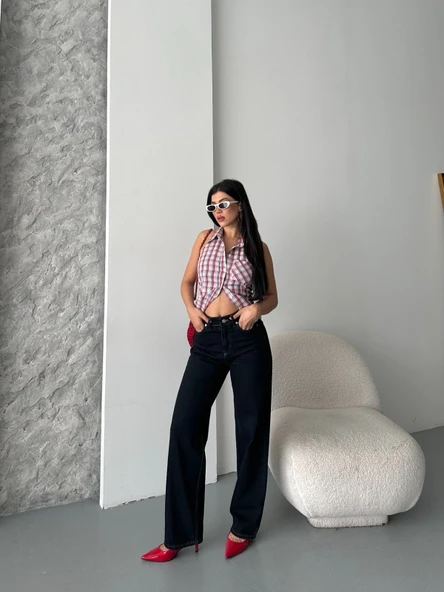 Palazzo süper taş enzim tint yıkama koyu lacivert jeans pantolon d2008 - Resim 2