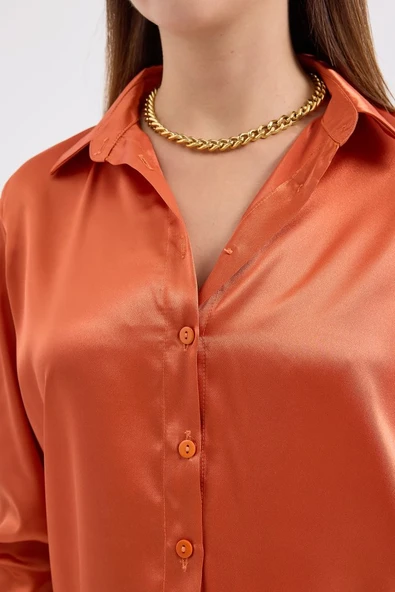 3964 Hafif Dökümlü Saten Gömlek - Turuncu - Resim 4