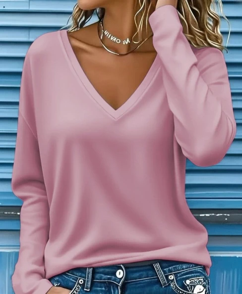 Kadın Uzun Kollu V Yakalı Dalgıç Bluz - Resim 4