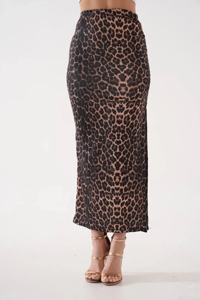 Uzun yırtmaçlı ince kumaş etek leopar - Resim 8