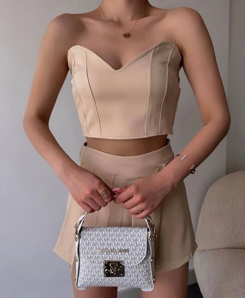 Arkadan büzgülü esnek büstiyer bej ürün görseli 1