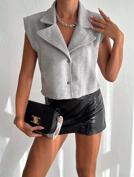 Önü çıtçıtlı cepli kaşe yelek gri f2253 ürün görseli 1