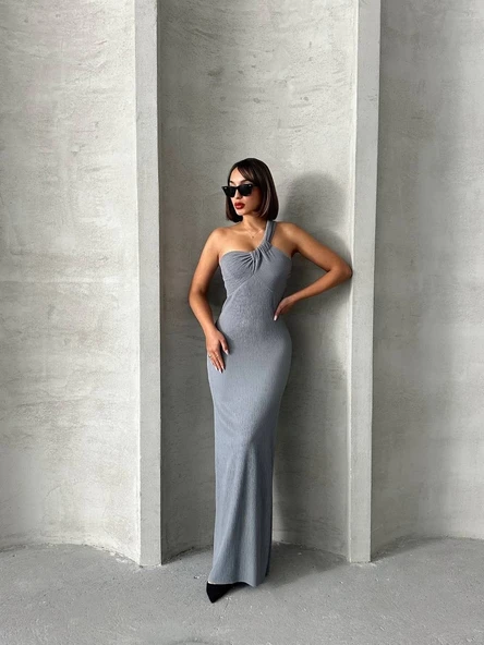 Tek omuz pliseli elbise ürün görseli 1