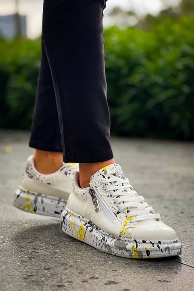 KB-02  Kuback  Bağcıklı Crocodile Beyaz Sarı Günlük Erkek Ayakkabı - Resim 4