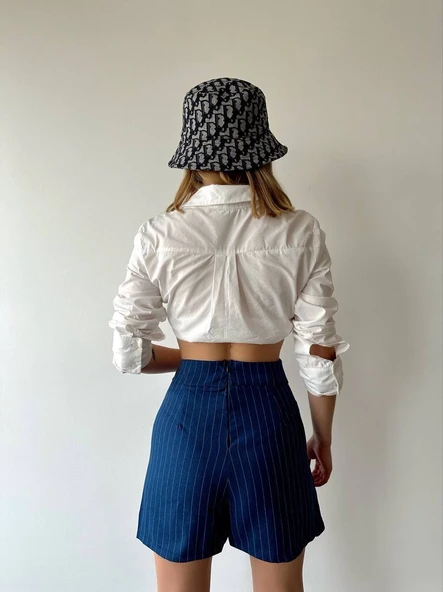 Zincir detaylı çizgili şort etek - Resim 3