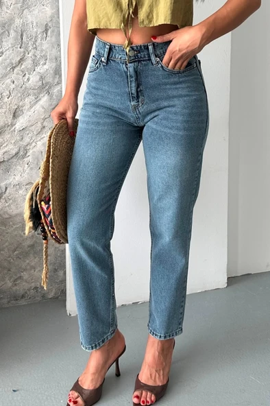 Mom fit kar yıkama bıyık detaylı jeans pantolon d2006 - Resim 6