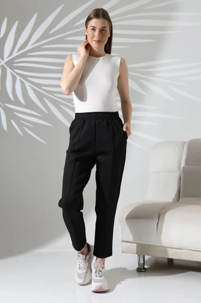 Kadın Uzun Kollu Dalıç Kumaş Cep Detay Beli Lastikli ütüsüz Pantolon - Resim 5