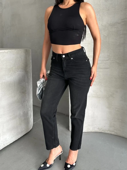 Mom fit enzim bıyıklı taş yıkama jeans pantolon siyah d2006 - Resim 6