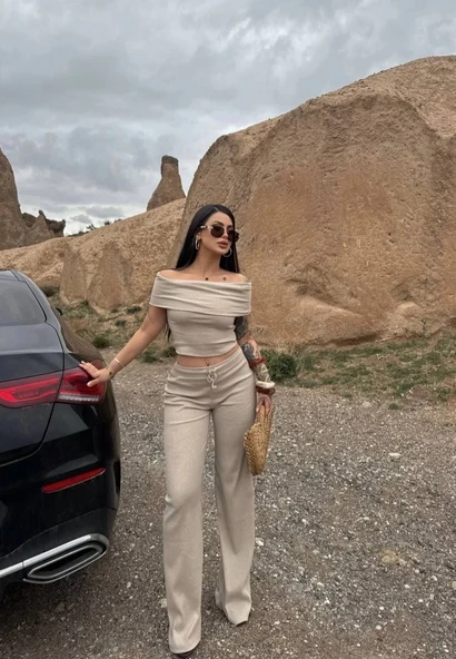 Madonna yaka bol paça pantolonlu takım ürün görseli 1